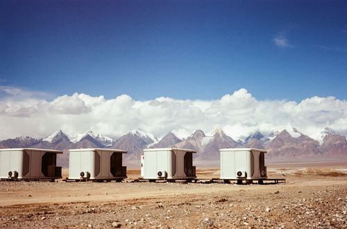 View of the 18 peaks + 'mobile pod hotels', Xinjiang, China
