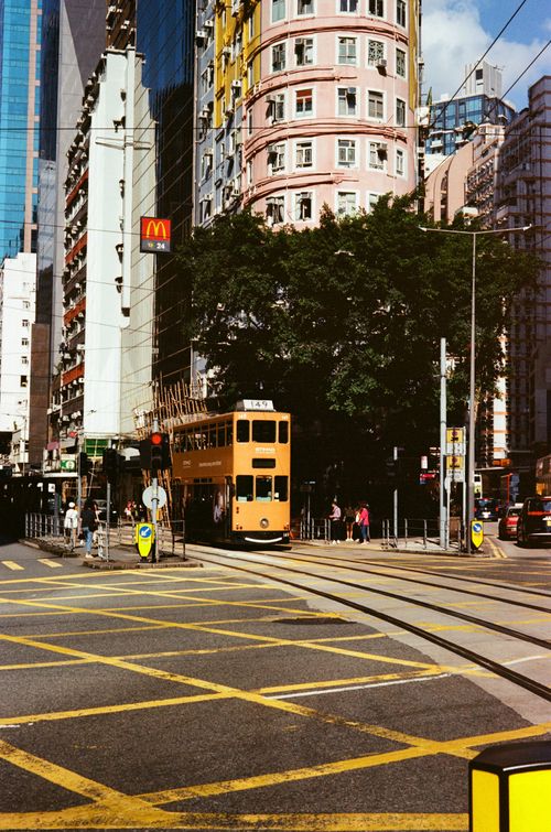 Tram, rounded building, Wan Chai, Hong Kong